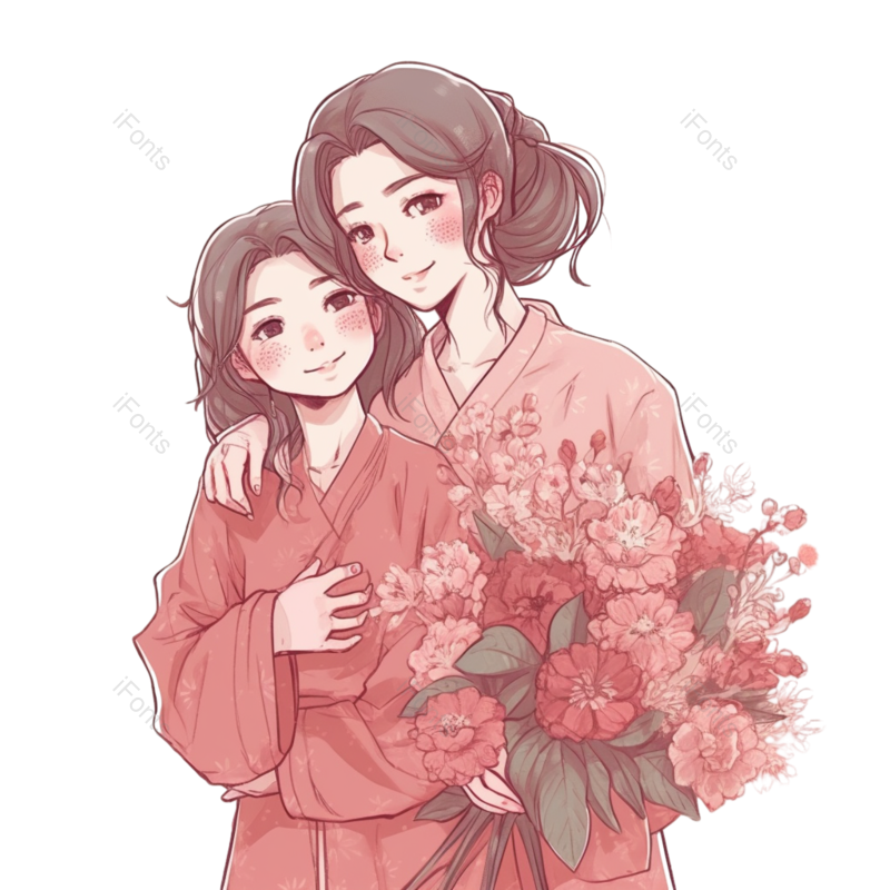 人物素材图片,鲜花元素,卡通人物素材PNG,母亲节素材免抠素材